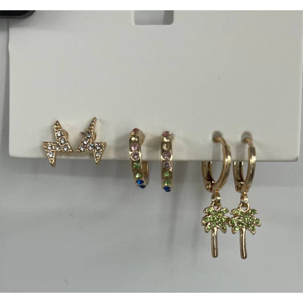 Beeline Studs & Rhinestone Palm Trees Lightning Earrings Gold Tone NEW 3 pack